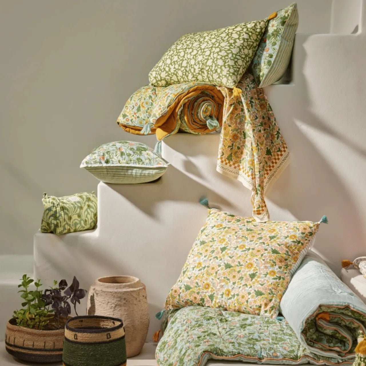 COURTEPOINTE BOUTIS IMPRIMÉ FLEURS AMAIA LIME - Bonheur du Jour - Lili Margaret