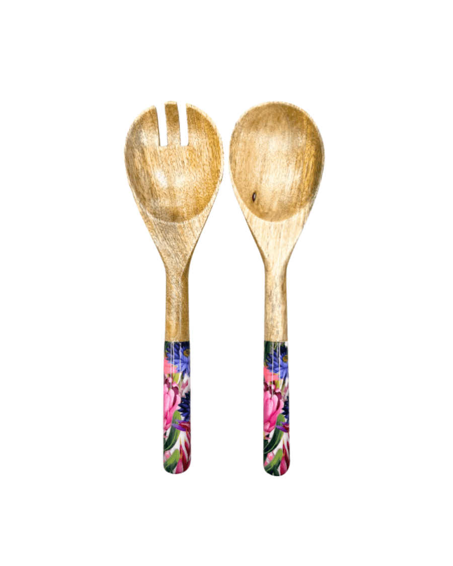 Couverts à salade en bois fleurs tropicales