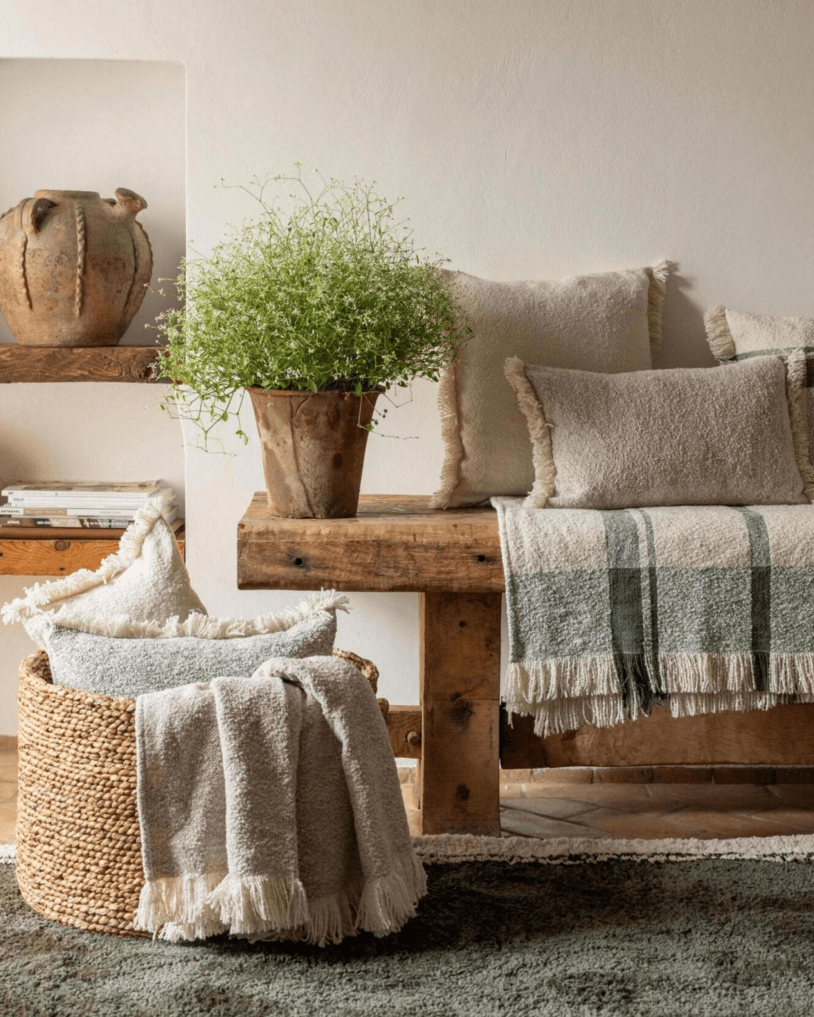 Plaid cocooning beige à rayures vertes - Vivaraise - Lili Margaret