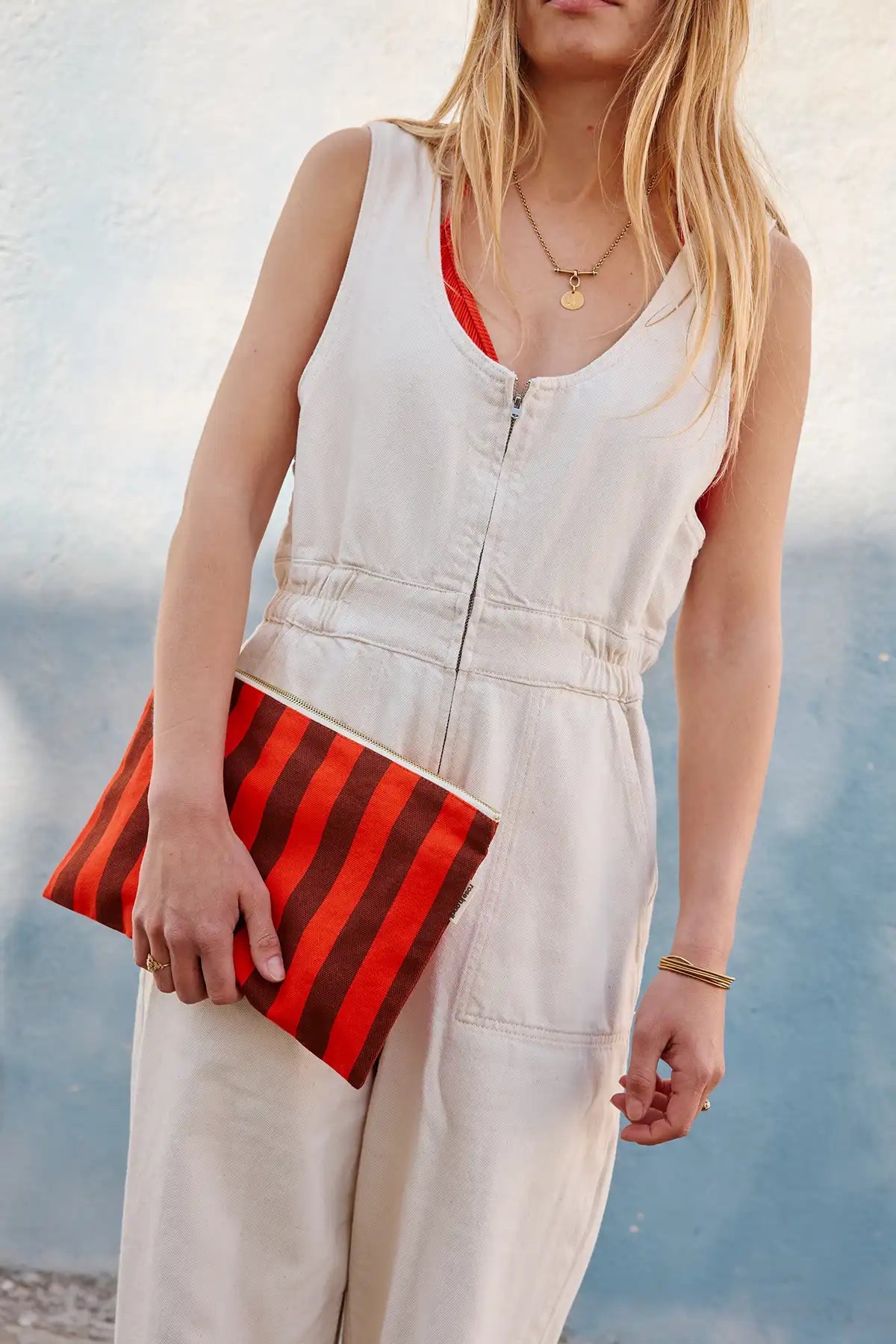 Pochette en tissu à rayures marron/rouge - Rose in April - Lili Margaret