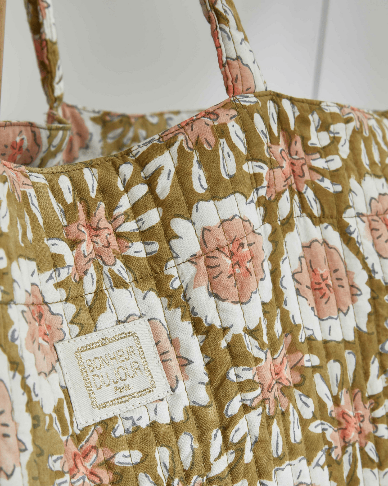 SAC CABAS TISSU IMPRIMÉ FLEURS BOHÈME MARGOTTE OLIVE - Bonheur du Jour - Lili Margaret
