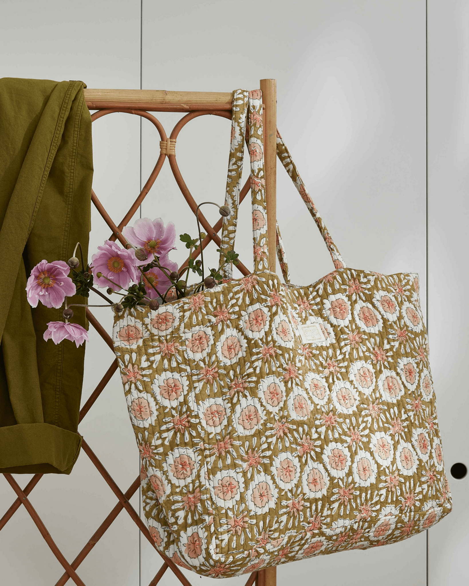 SAC CABAS TISSU IMPRIMÉ FLEURS BOHÈME MARGOTTE OLIVE - Bonheur du Jour - Lili Margaret