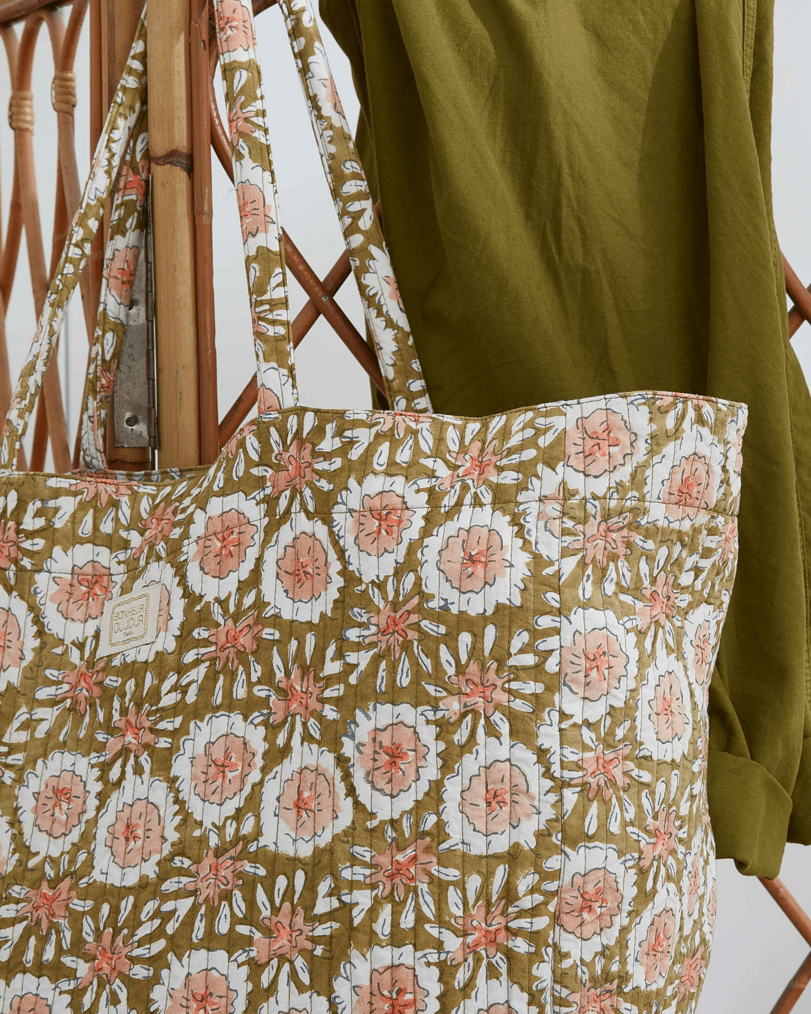 SAC CABAS TISSU IMPRIMÉ FLEURS BOHÈME MARGOTTE OLIVE - Bonheur du Jour - Lili Margaret