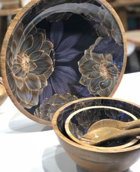 SALADIER BOIS DE MANGUIER Chrysantemum Black - By Room - Lili Margaret