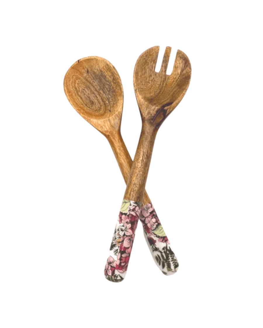 Couverts à salade en manguier pink hydrangea en bois