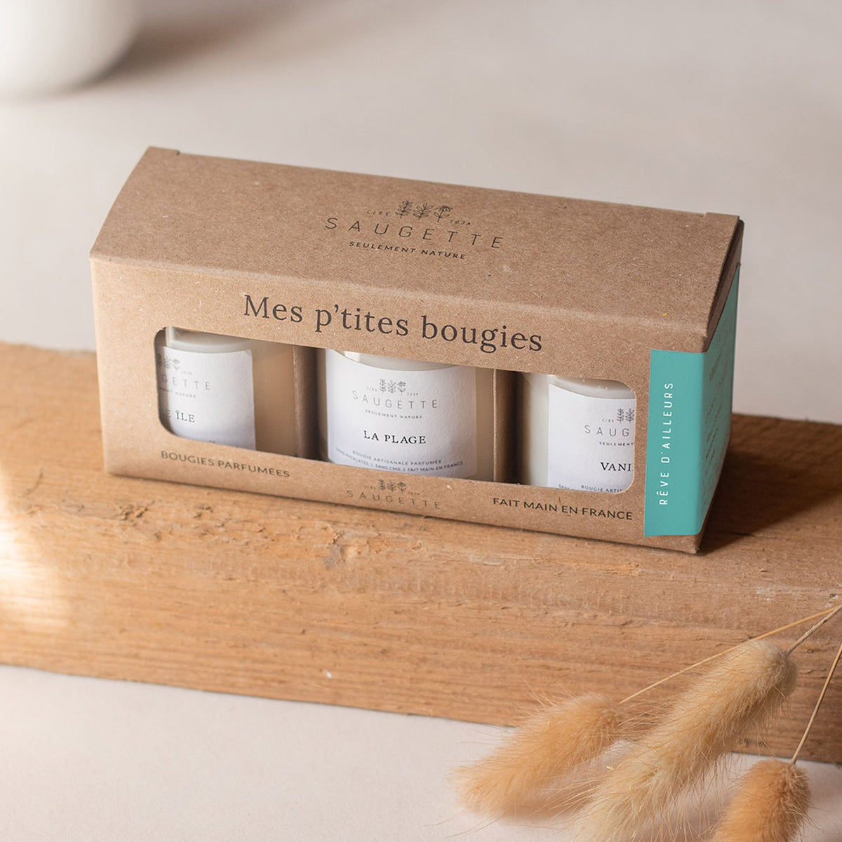 Coffret 3 bougies parfumées Rêve d’ailleurs à la cire de soja Saugette - Une île, La Plage, Vanille