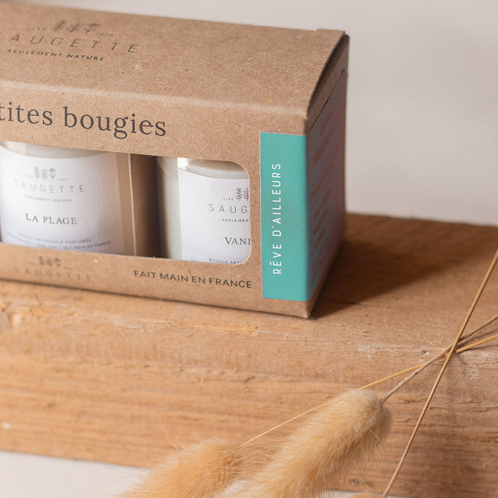 Coffret 3 bougies parfumées Rêve d’ailleurs à la cire de soja Saugette - Une île, La Plage, Vanille - vue 2