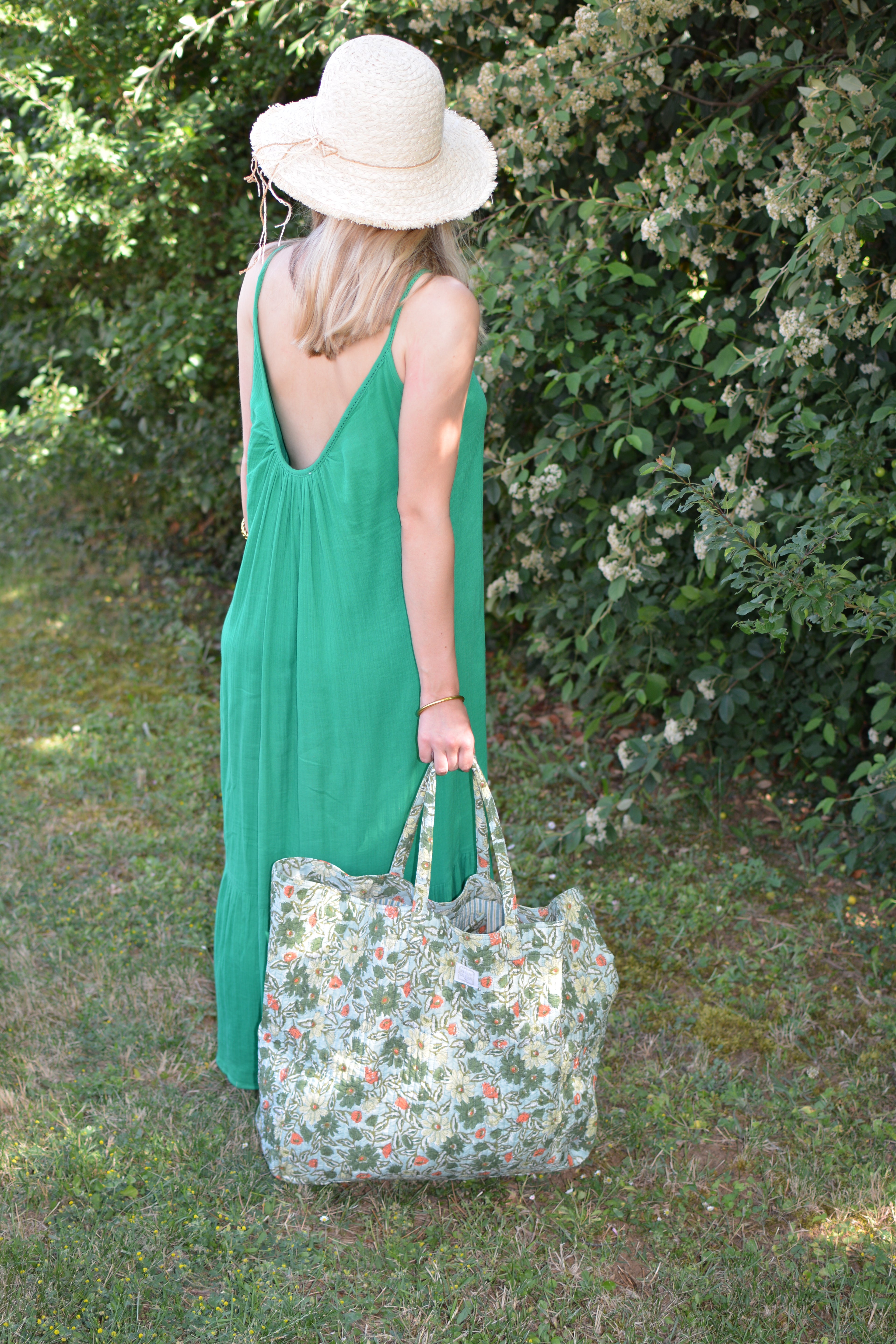 Sac cabas souple fleuri meera blue green en coton matelassé