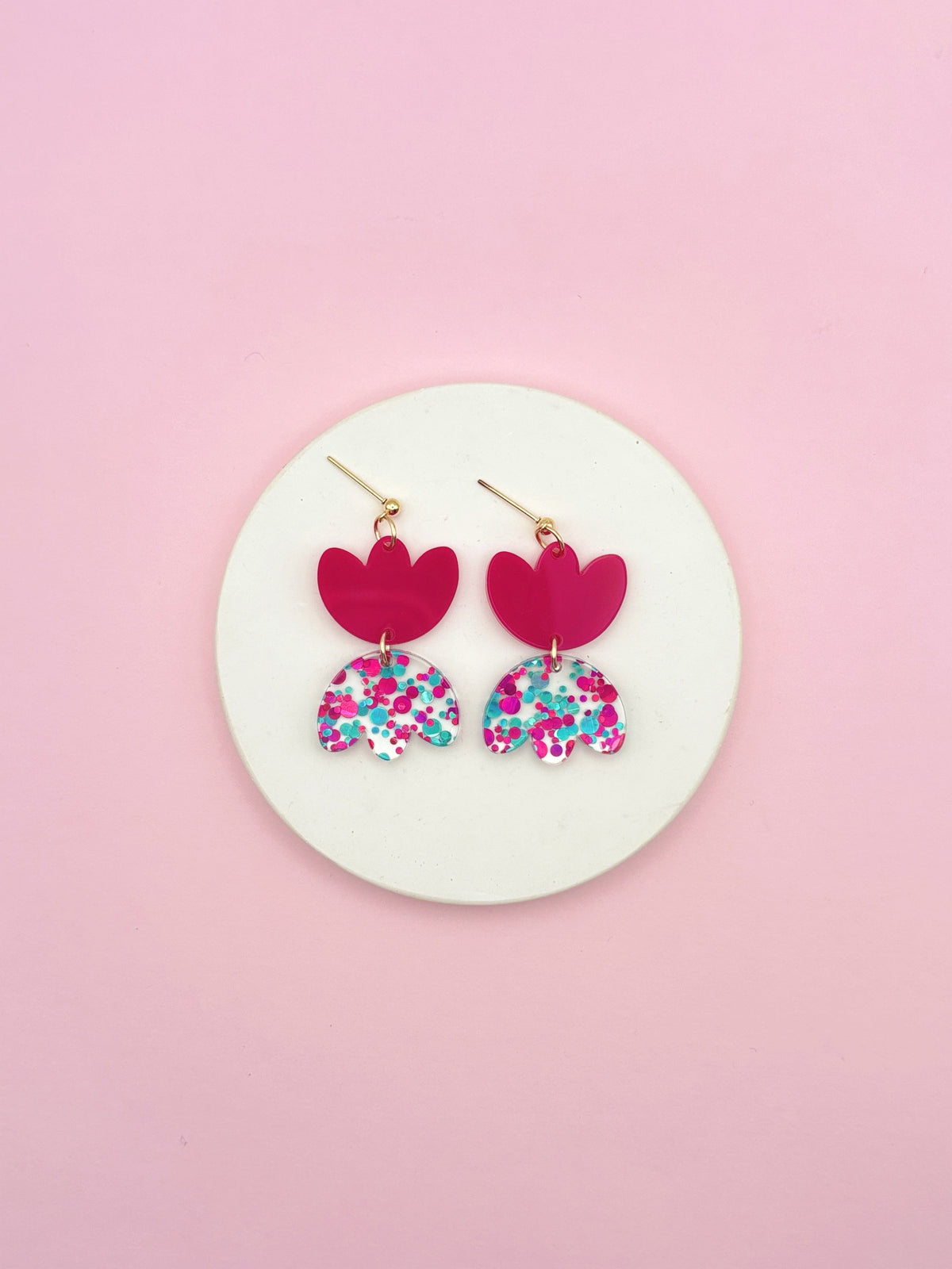 Boucles d’oreilles fleur pendantes Rosette Magenta Confettis - Studio Annette