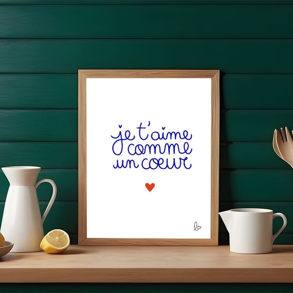 Affiche murale décorative "je t'aime comme un coeur" - illustration fait main