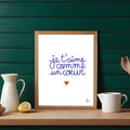 Affiche murale décorative "je t'aime comme un coeur" - illustration fait main