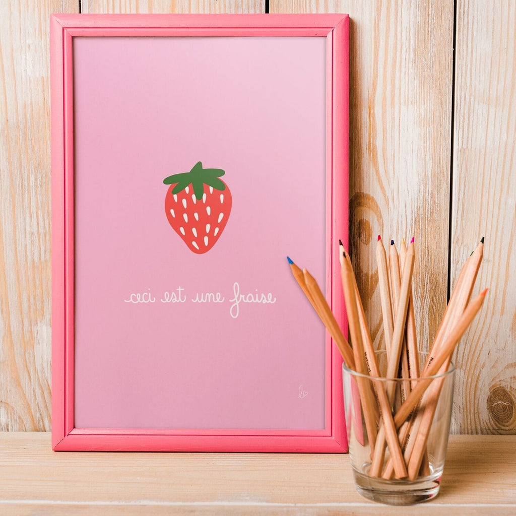 Affiche chambre enfant "fraises" girly rose - illustration fait main
