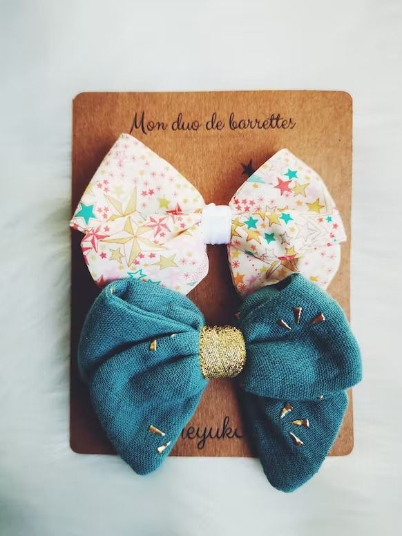 Barrettes nœud fille eucalyptus étoilé en tissu