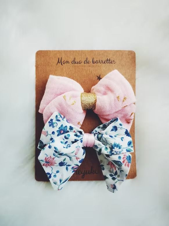 Barrettes cheveux fille nœud rose en coton