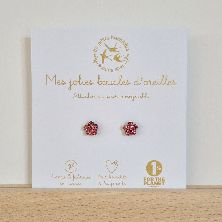 Boucles d'oreilles enfant pailletées fleurs rose