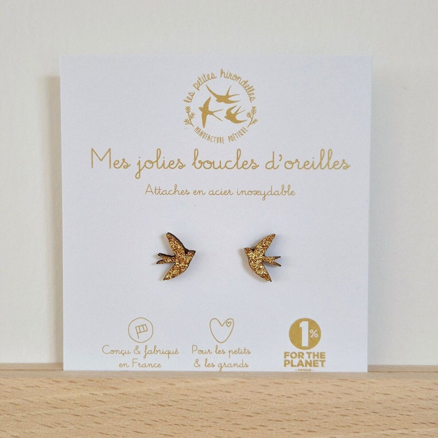 Boucles d'oreilles enfant pailletées hirondelles doré