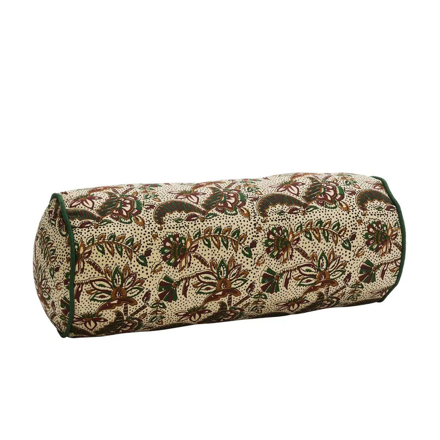 Coussin polochon en coton imprimé floral kaki et terracotta