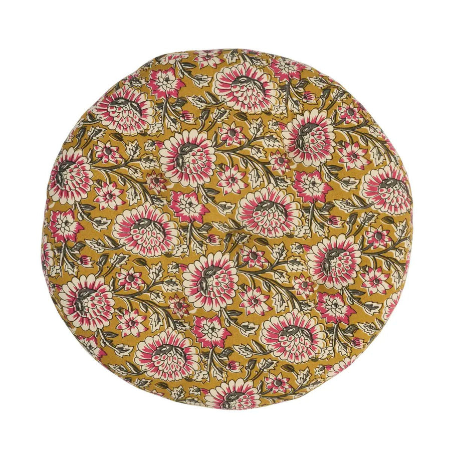 Coussin rond de chaise en coton imprimé fleuri moutarde et rose
