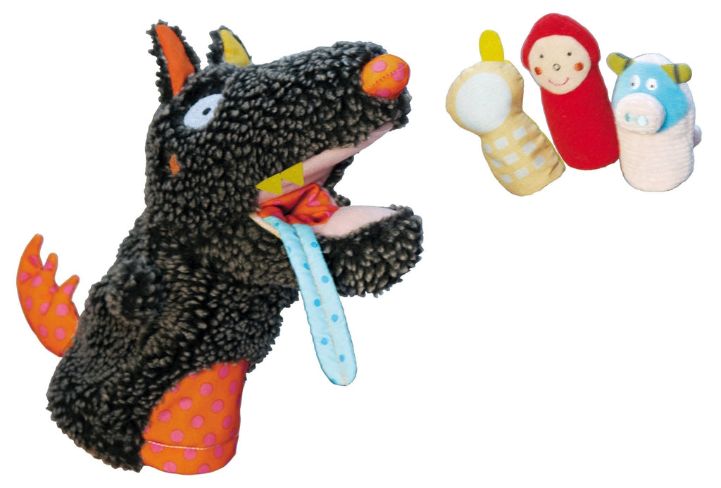 Doudou marionnette loup et ses 3 marionnettes de doigt - ebulobo
