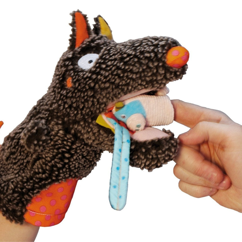 Doudou marionnette loup et ses 3 marionnettes de doigt - ebulobo