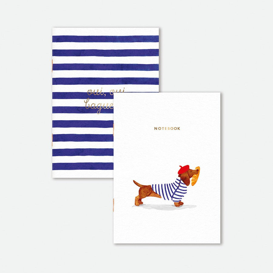 Duo de carnets de notes A6 Teckel à Paris "oui baguette"