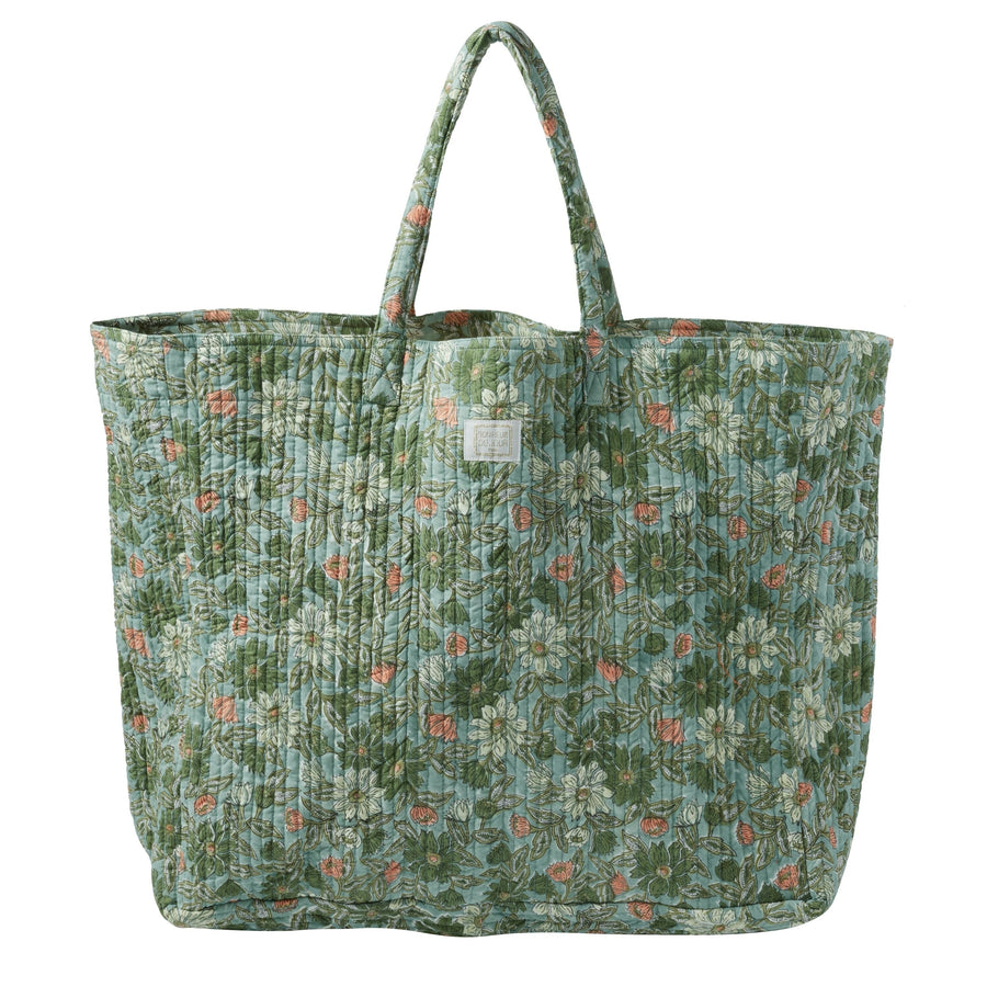 Sac cabas souple fleuri meera blue green en coton matelassé
