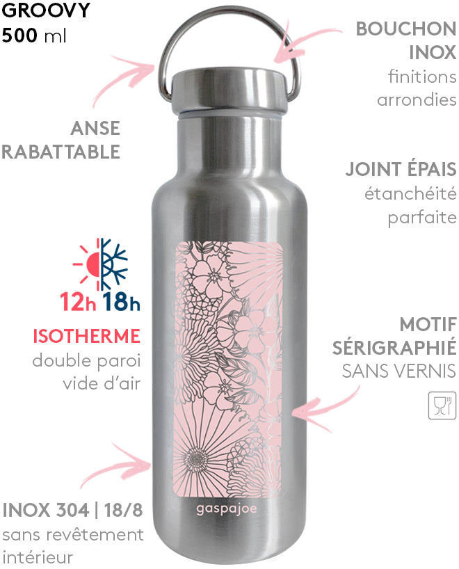 BOUTEILLE INOX ISOTHERME  THÈME &quot;VÉGÉTAL&quot; ROSE - Gaspajoe