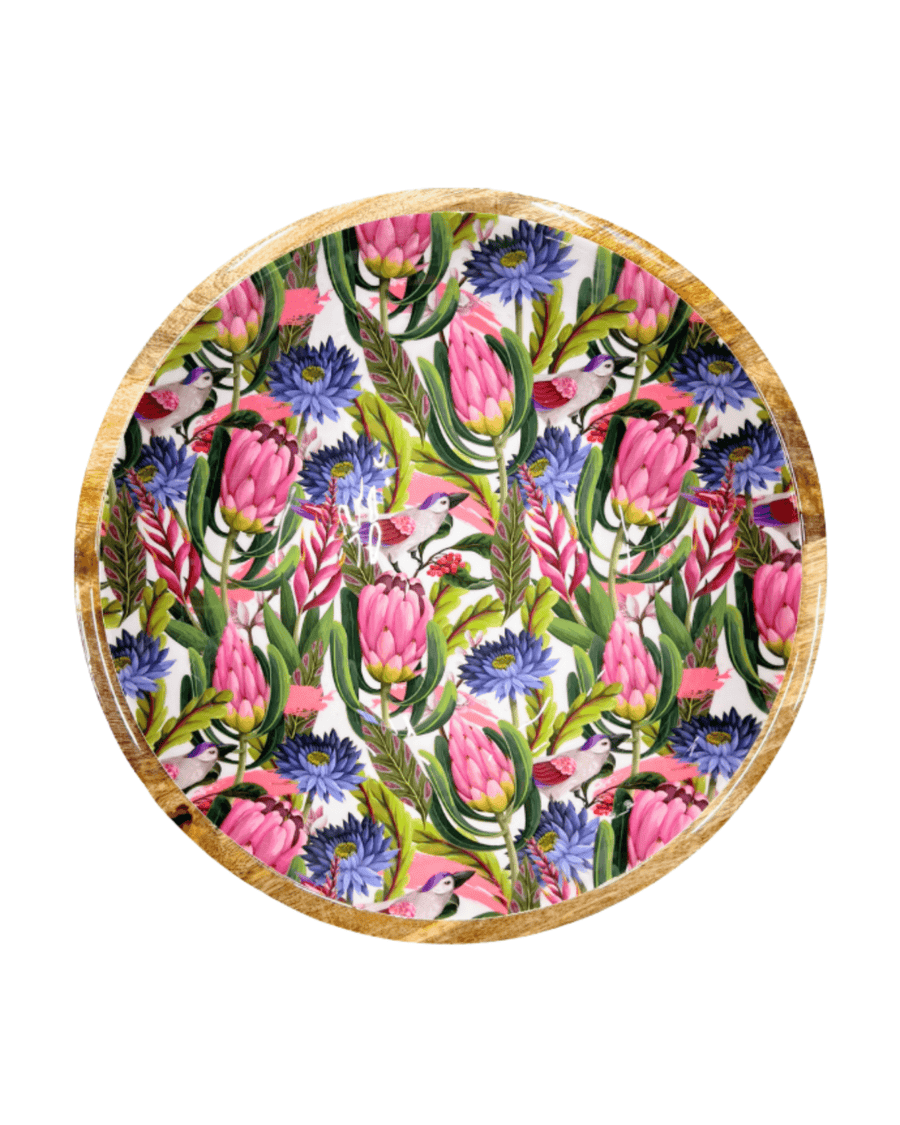Grand plat de présentation bois fleurs tropicales