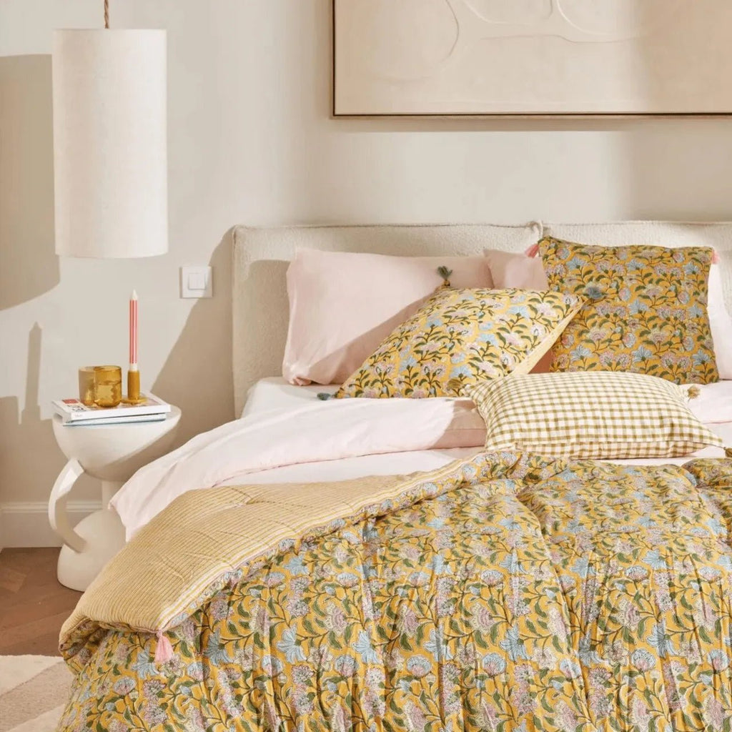 Housse de coussin fleuri bohème sakura curry - bonheur du jour