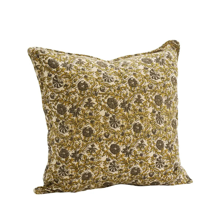 Housse de coussin en coton imprimé floral kaki et écru