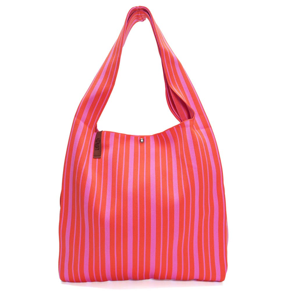 Sac cabas en tricot Lois rayé rose et rouge - LOT83