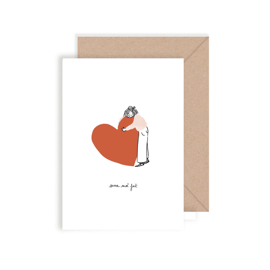 Carte double illustrée Serre moi Fort cœur rouge