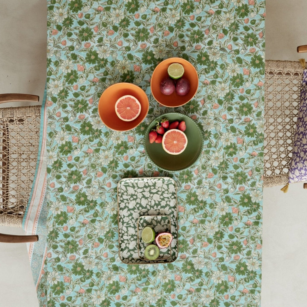 Nappe tissu fleuri meera blue green - bonheur du jour