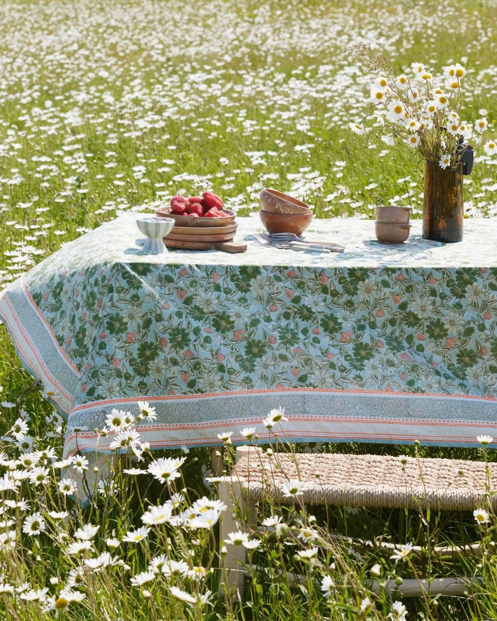 Nappe tissu fleuri meera blue green en coton
