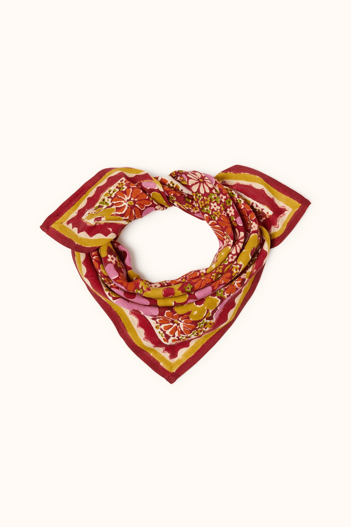 Petit foulard imprimé fleuri rose 50x50 Manika Janie Dahlia