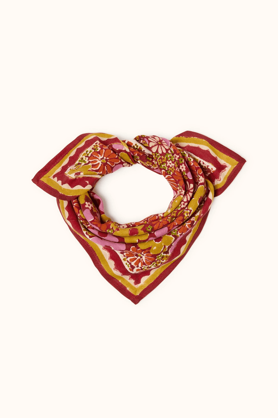 Petit foulard imprimé fleuri rose 50x50 Manika Janie Dahlia