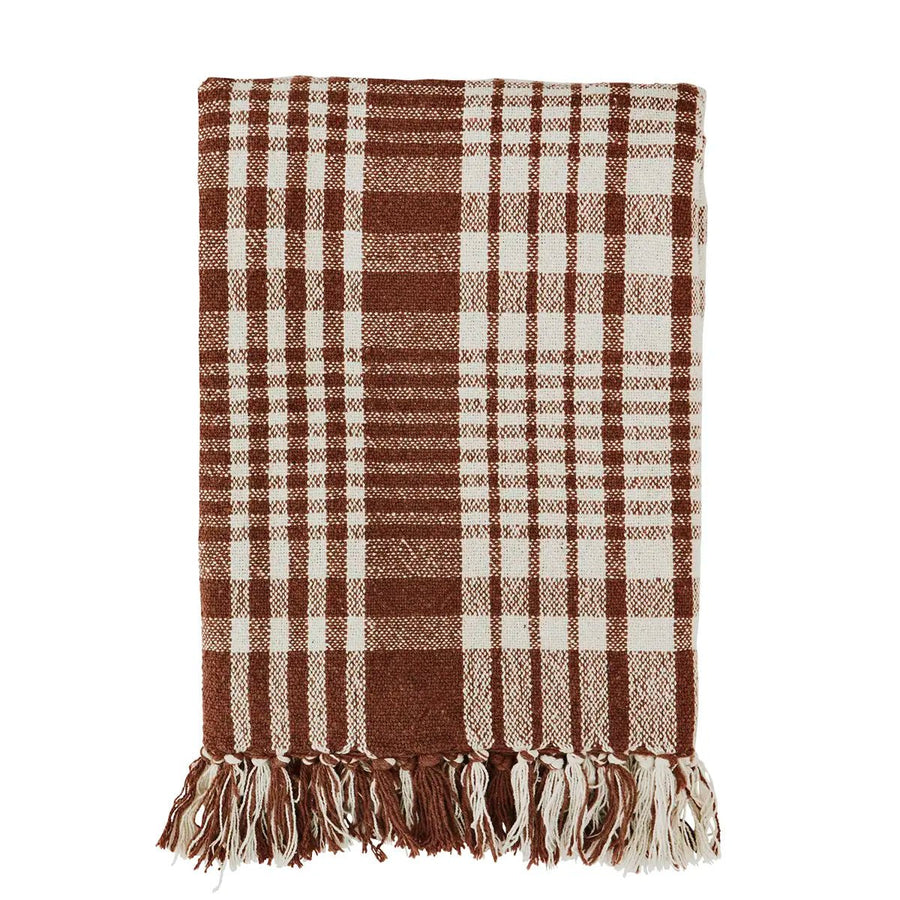 Plaid canapé carreaux cannelle en coton recyclé