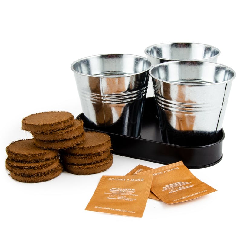 Plateau trio pots zinc tomates - radis et capucine