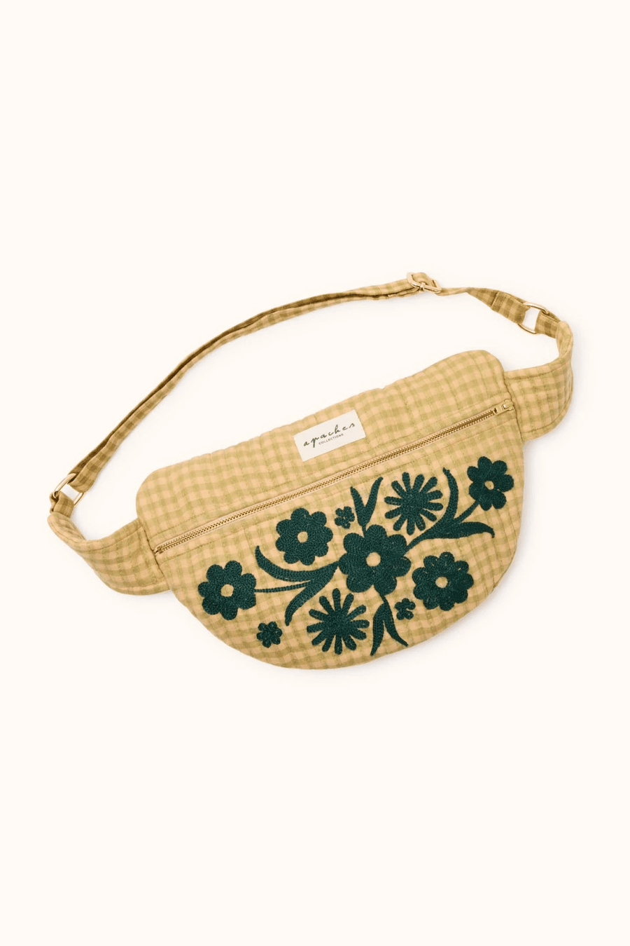 Sac banane brodé en coton vichy pour femme kaki et beige Khadai