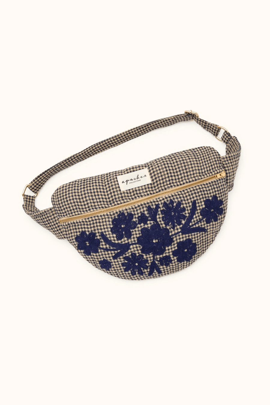 Banane sac femme brodé en coton à carreaux bleu et écru pour femme Khadai