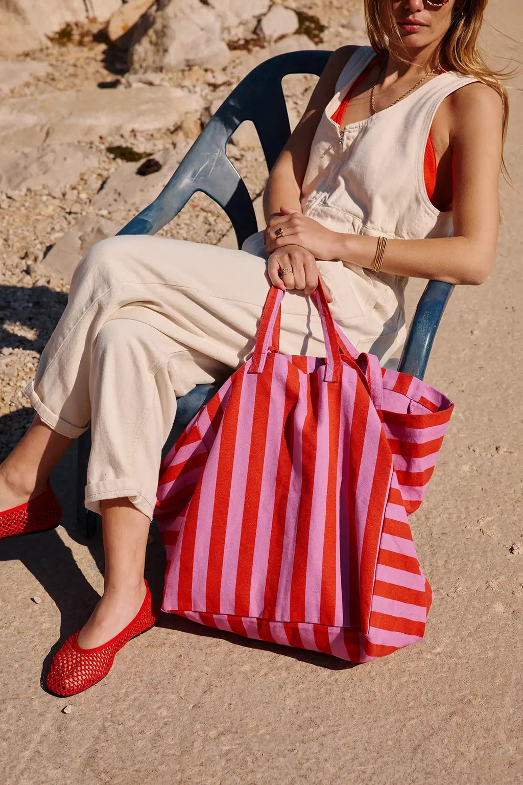 Sac cabas - Elisa Rayures Orchidée / Rouge