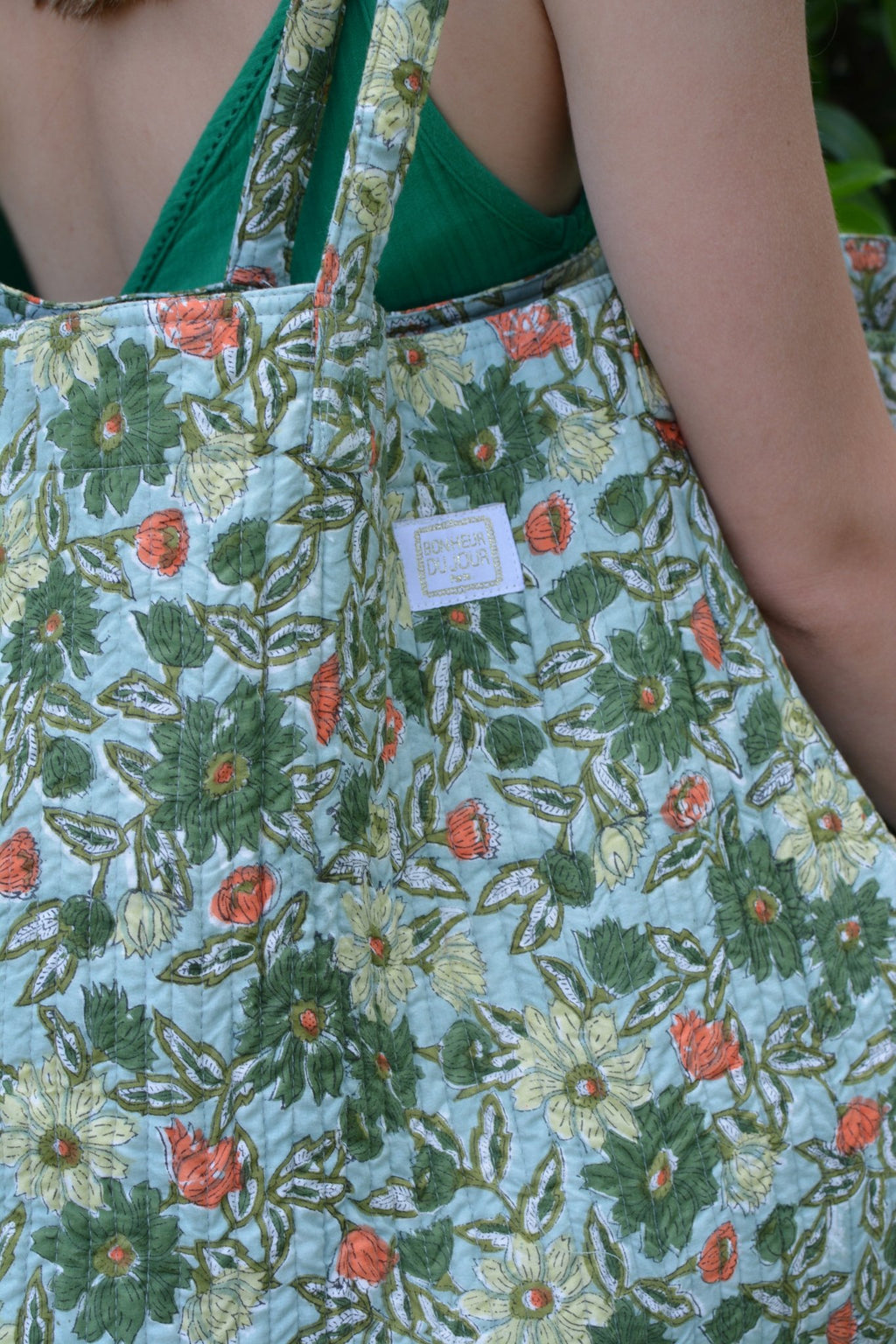 Sac cabas souple fleuri meera blue green en coton matelassé