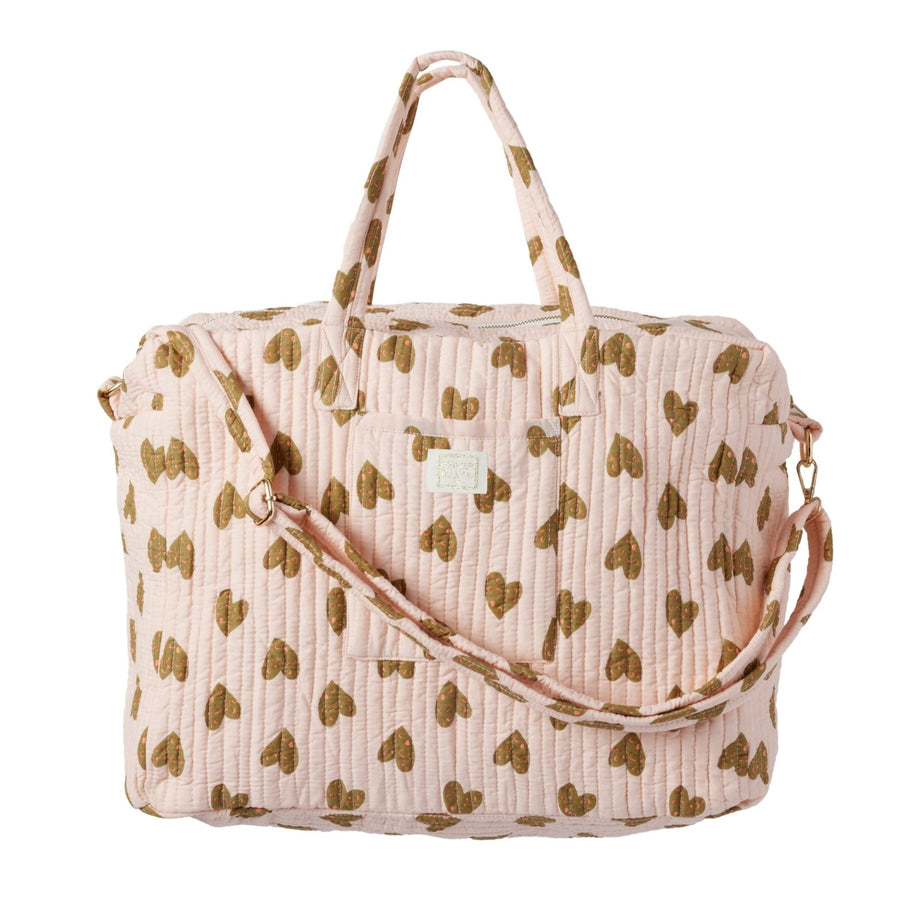 Grand sac week-end imprimé cœurs rose en coton matelassé