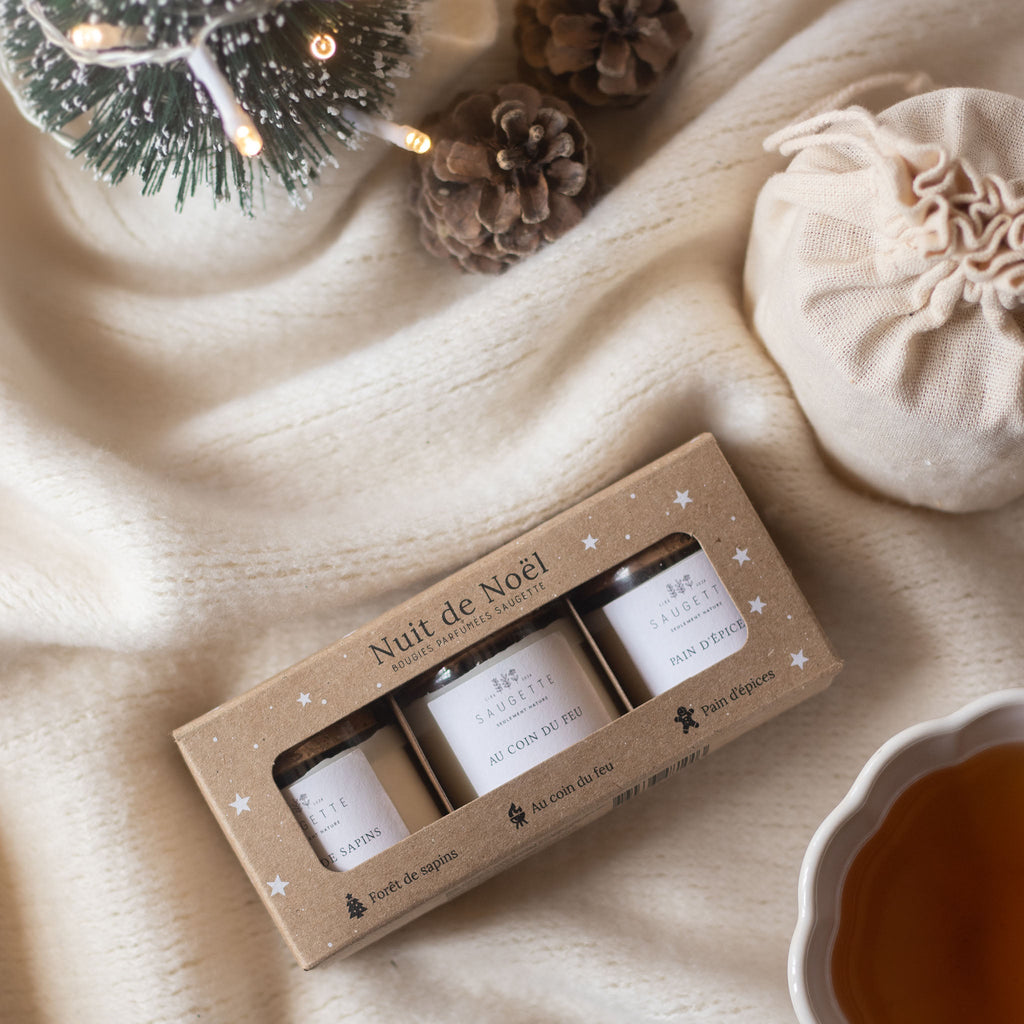 Coffret 3 bougies parfumées Nuit de Noël à la cire de soja Saugette - Forêt de sapins, Au coin du feu, Pain d’épices - vue 2