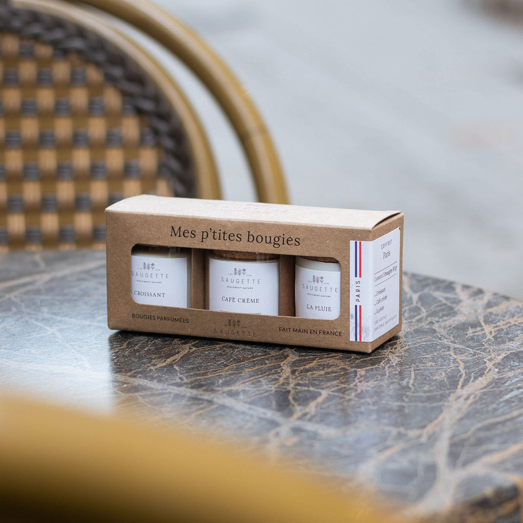 Coffret 3 bougies parfumées Paris à la cire de soja Saugette - Croissant, Café crème, La pluie - vue 2