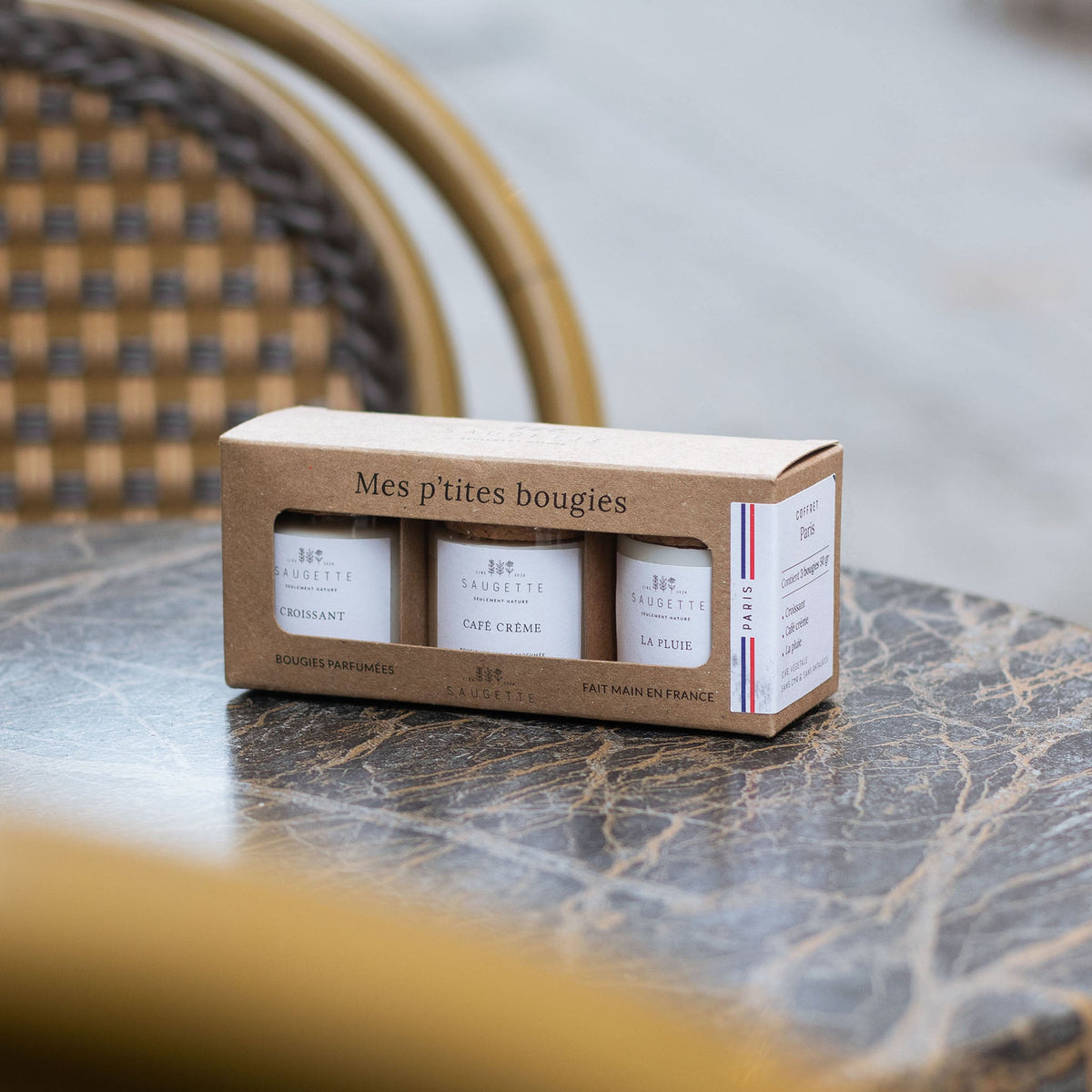 Coffret 3 bougies parfumées Paris à la cire de soja Saugette - Croissant, Café crème, La pluie - vue 2