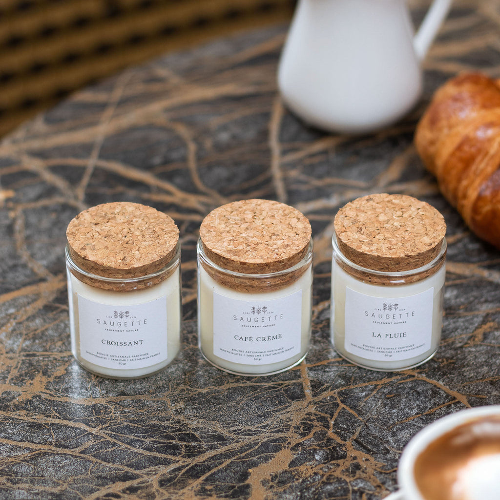 Coffret 3 bougies parfumées Paris à la cire de soja Saugette - Croissant, Café crème, La pluie - vue 3