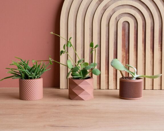 Caches pots terracotta en bois recyclé - Lot de 3 minimum design