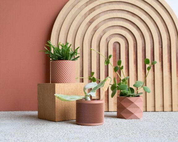 Caches pots terracotta en bois recyclé - Lot de 3 minimum design