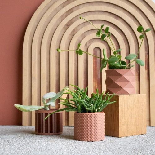Caches pots terracotta en bois recyclé - Lot de 3 minimum design